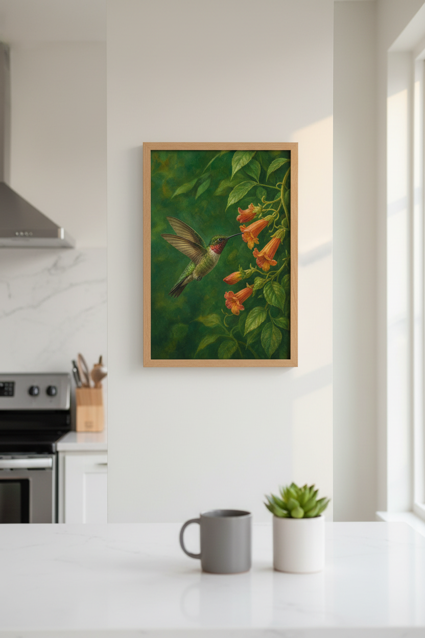 Hummingbird painting Wall Art Print | Living Room Decor | Botanical Poster