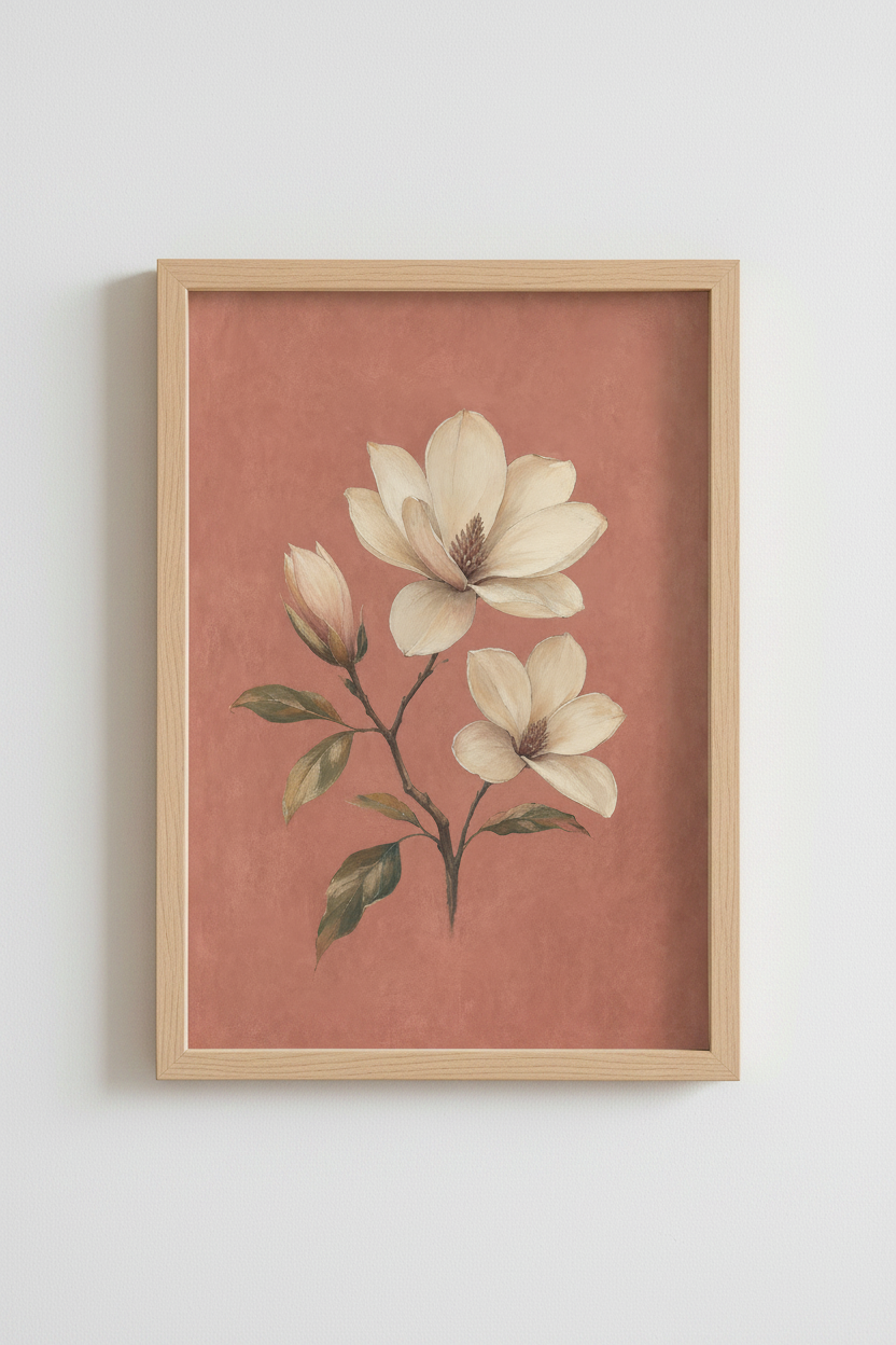 Magnolia Wall Art | Soft Ivory Petals, Terracotta Backdrop, Living Room Decor