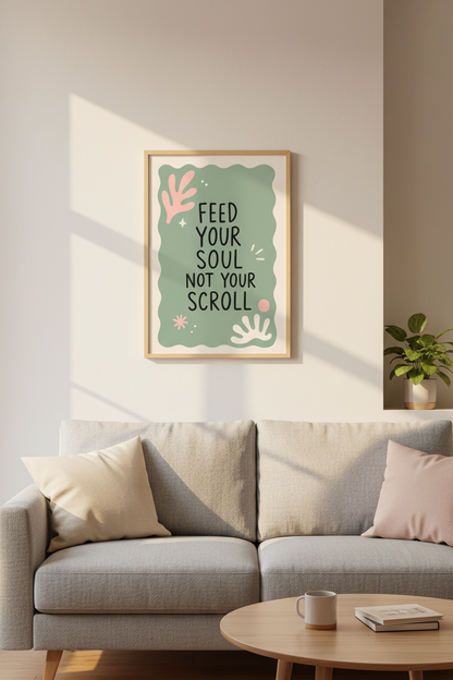 Feed Your Soul Quote Wall Art | Sage Green Danish Pastel, Home Office Decor