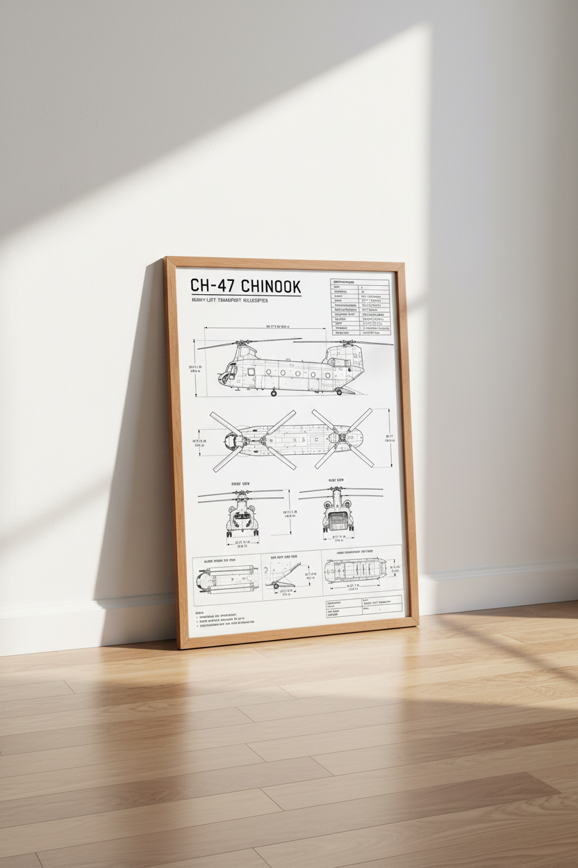 CH-47 Chinook Blueprint Wall Art | Military Aviation Poster, Man Cave Decor