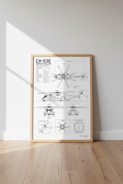 CH-53E Super Stallion Blueprint Wall Art | Military Helicopter Poster, Office Decor