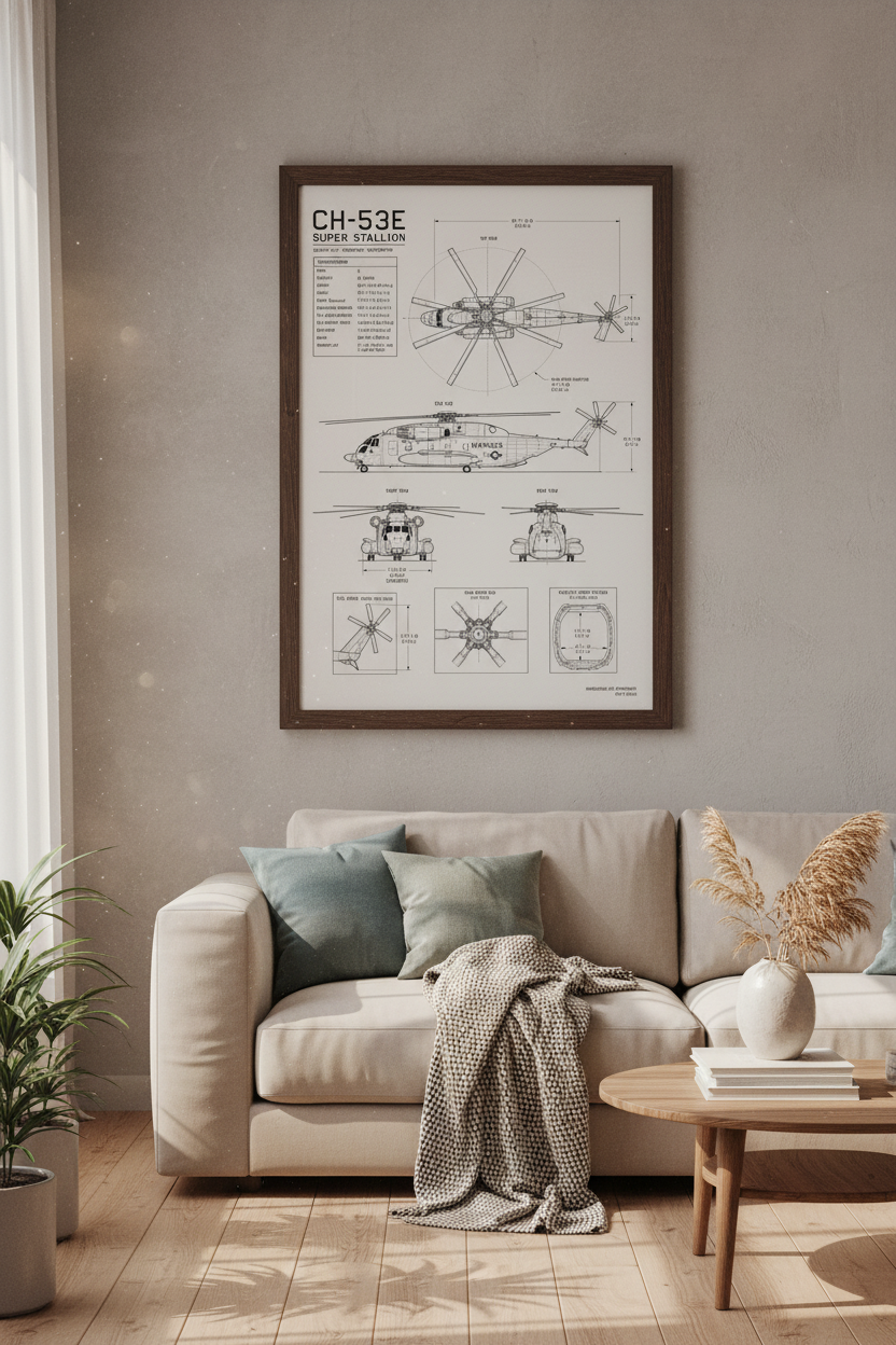 CH-53E Super Stallion Blueprint Wall Art | Military Helicopter Poster, Office Decor