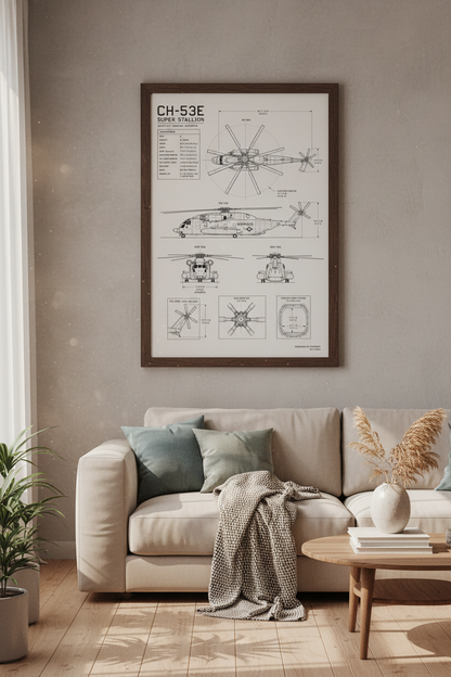CH-53E Super Stallion Blueprint Wall Art | Military Helicopter Poster, Office Decor