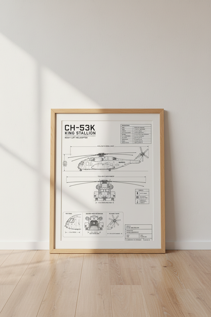 CH-53K King Stallion Blueprint | Military Helicopter Poster, Aviation Wall Art