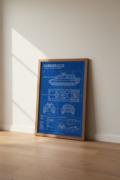 Swedish CV90120 Light Tank Blueprint | Military Schematic, Office Decor Poster