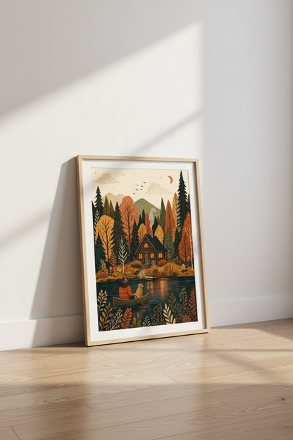 Cozy Cabin Lakeside Wall Art | Fall Forest Decor | Rustic Folk Art Poster