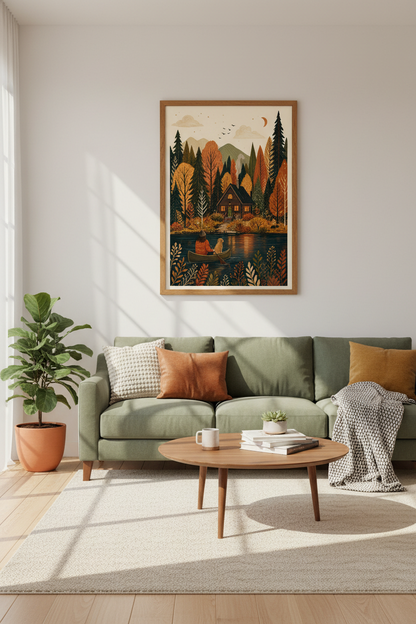 Cozy Cabin Lakeside Wall Art | Fall Forest Decor | Rustic Folk Art Poster