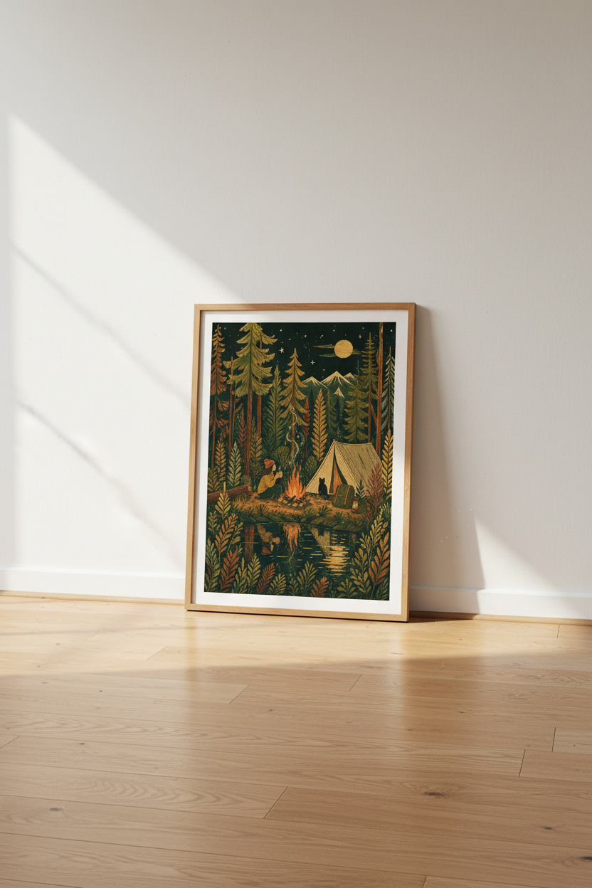 Cozy Camping Night | Rustic Forest &amp; Stars Art, Mountain Cabin Decor