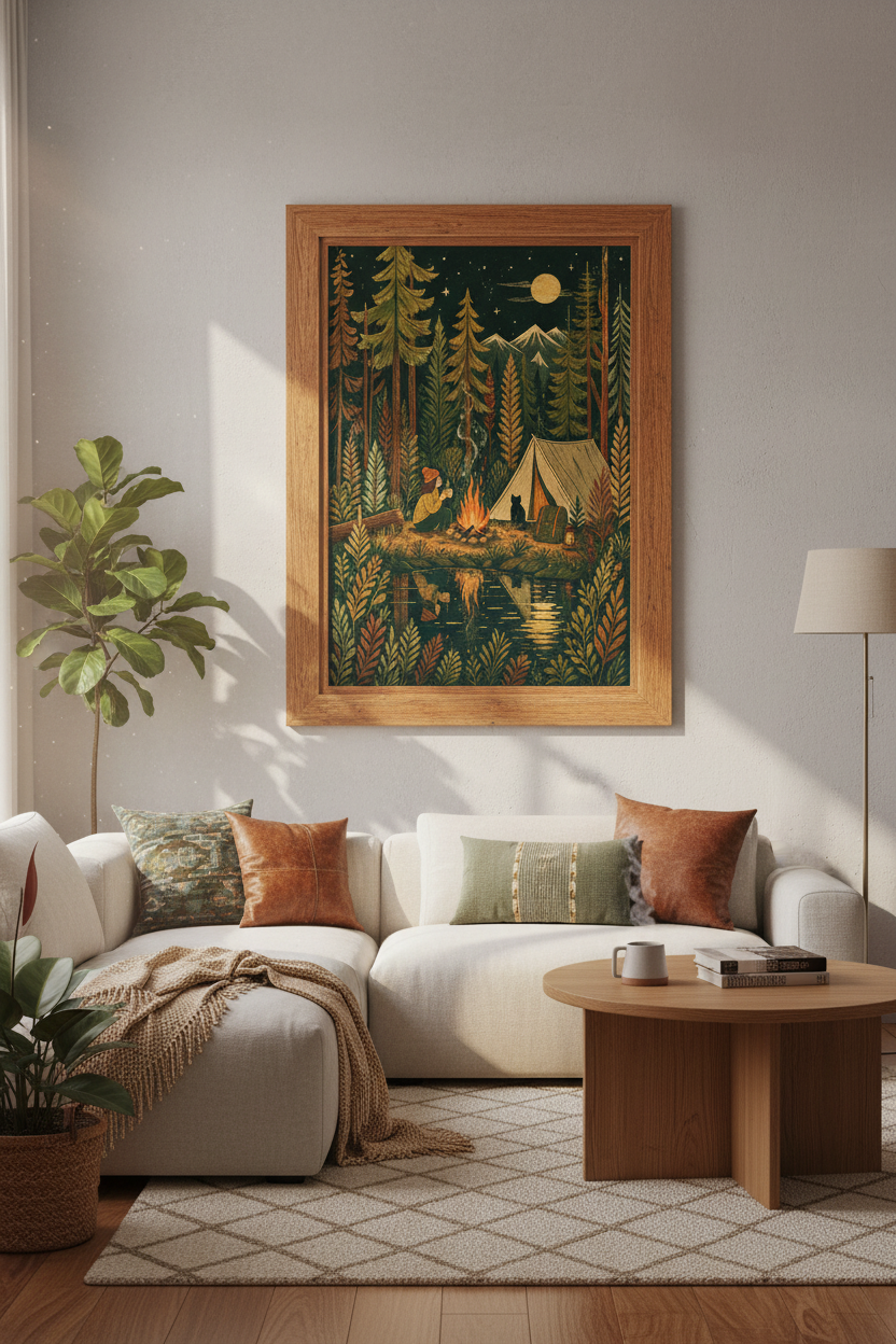 Cozy Camping Night | Rustic Forest &amp; Stars Art, Mountain Cabin Decor