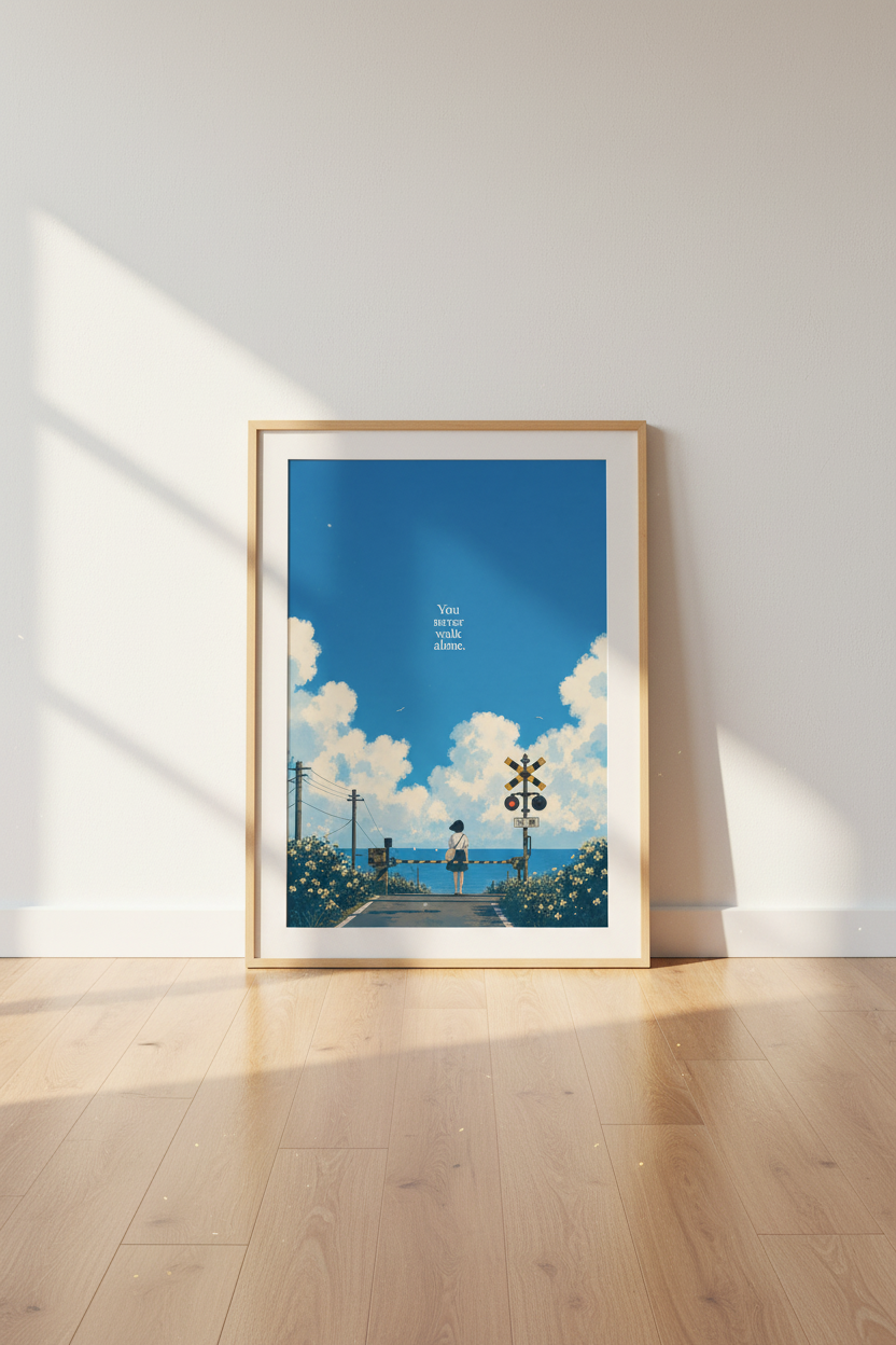 Anime Coastal Sky Wall Art | Blue Aesthetic Poster, Minimalist Bedroom Decor