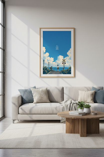Anime Coastal Sky Wall Art | Blue Aesthetic Poster, Minimalist Bedroom Decor