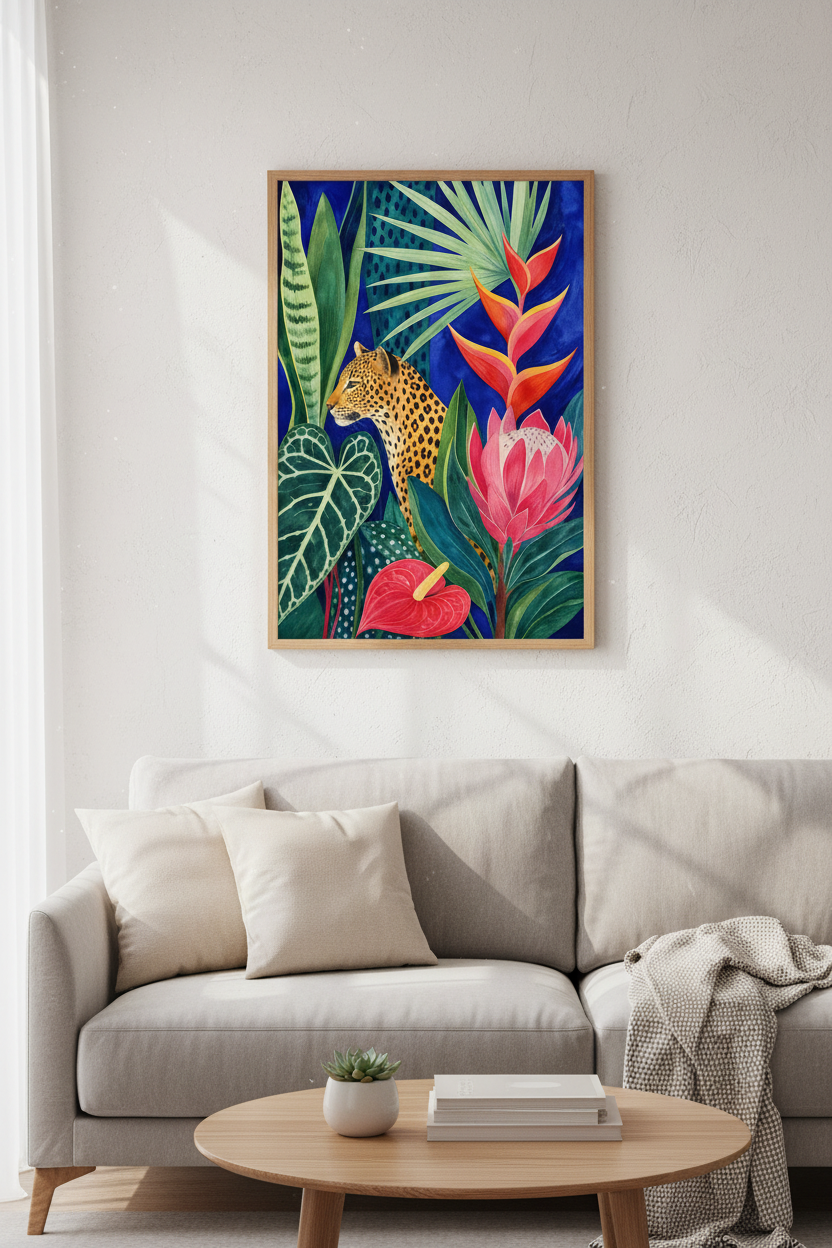 Tropical Leopard Wall Art Print | Living Room Decor | Bold Jungle Poster