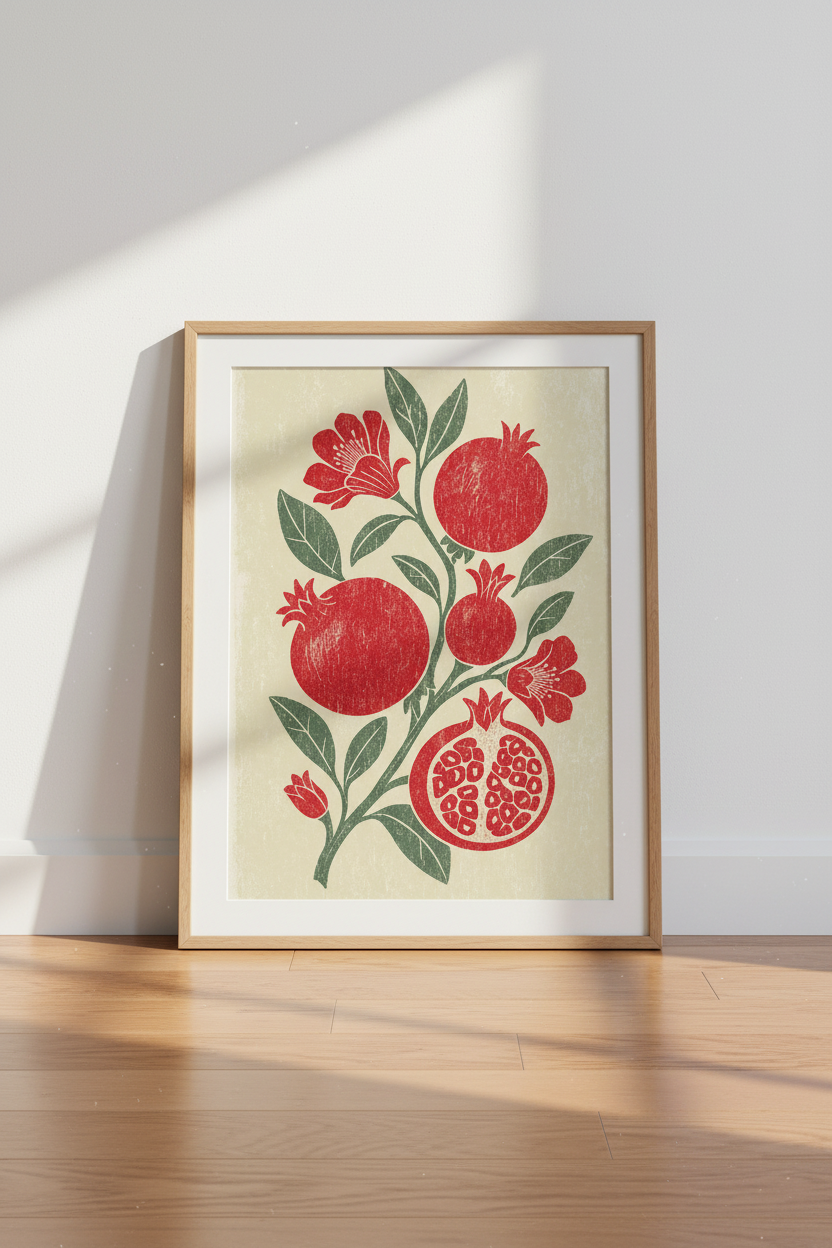 Pomegranate Botanical Wall Art | Red Fruit Woodcut Print, Kitchen Decor