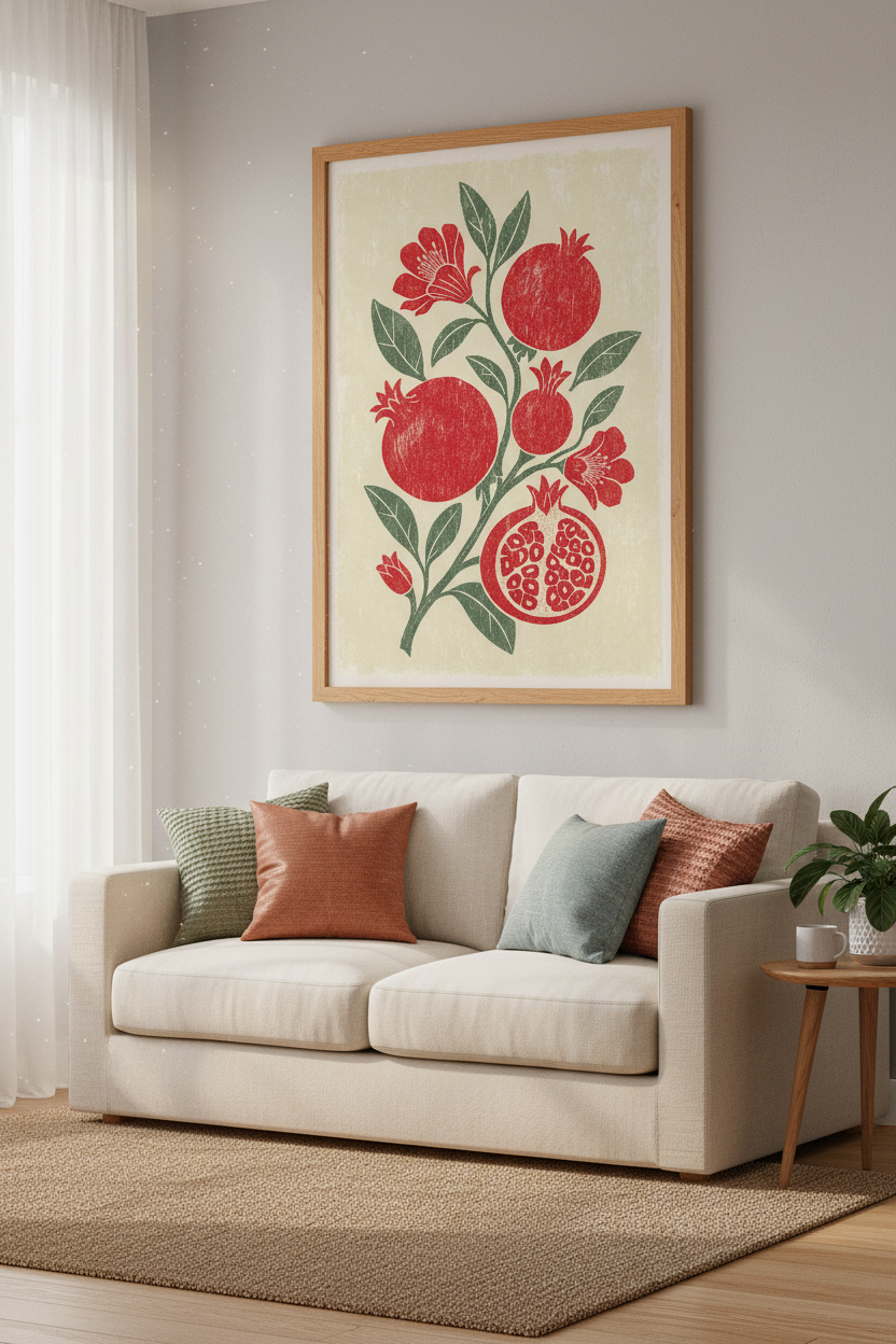 Pomegranate Botanical Wall Art | Red Fruit Woodcut Print, Kitchen Decor