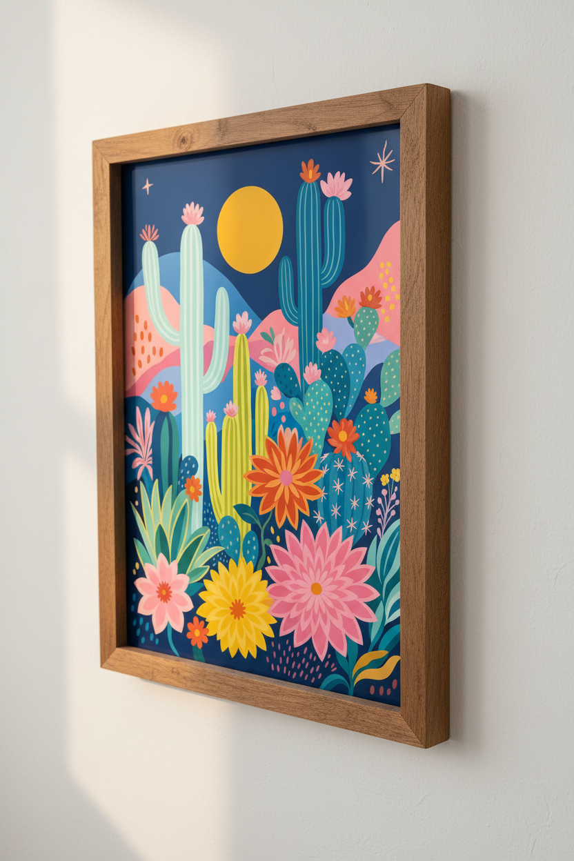 Desert Cactus Night Garden Wall Art | Floral Boho Decor | Maximalist Poster