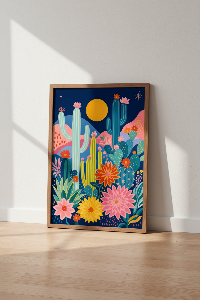 Desert Cactus Night Garden Wall Art | Floral Boho Decor | Maximalist Poster