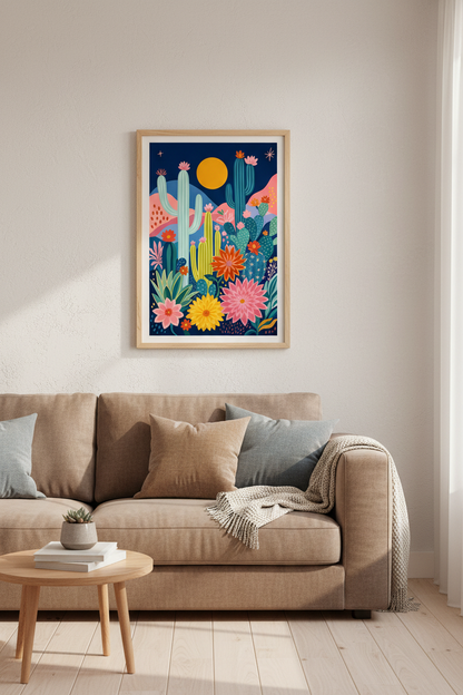 Desert Cactus Night Garden Wall Art | Floral Boho Decor | Maximalist Poster