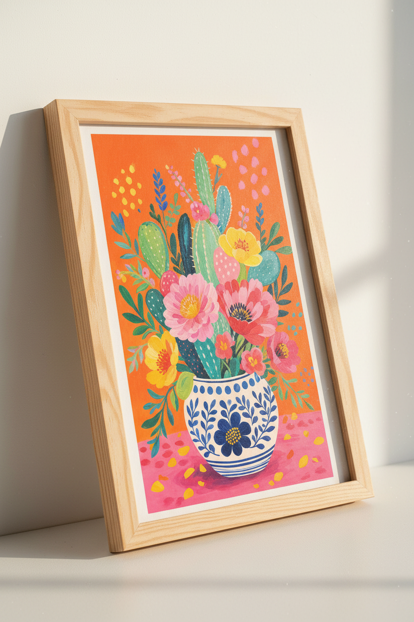 Cactus Flower Bouquet | Vibrant Orange &amp; Blue Still Life, Boho Wall Decor Poster