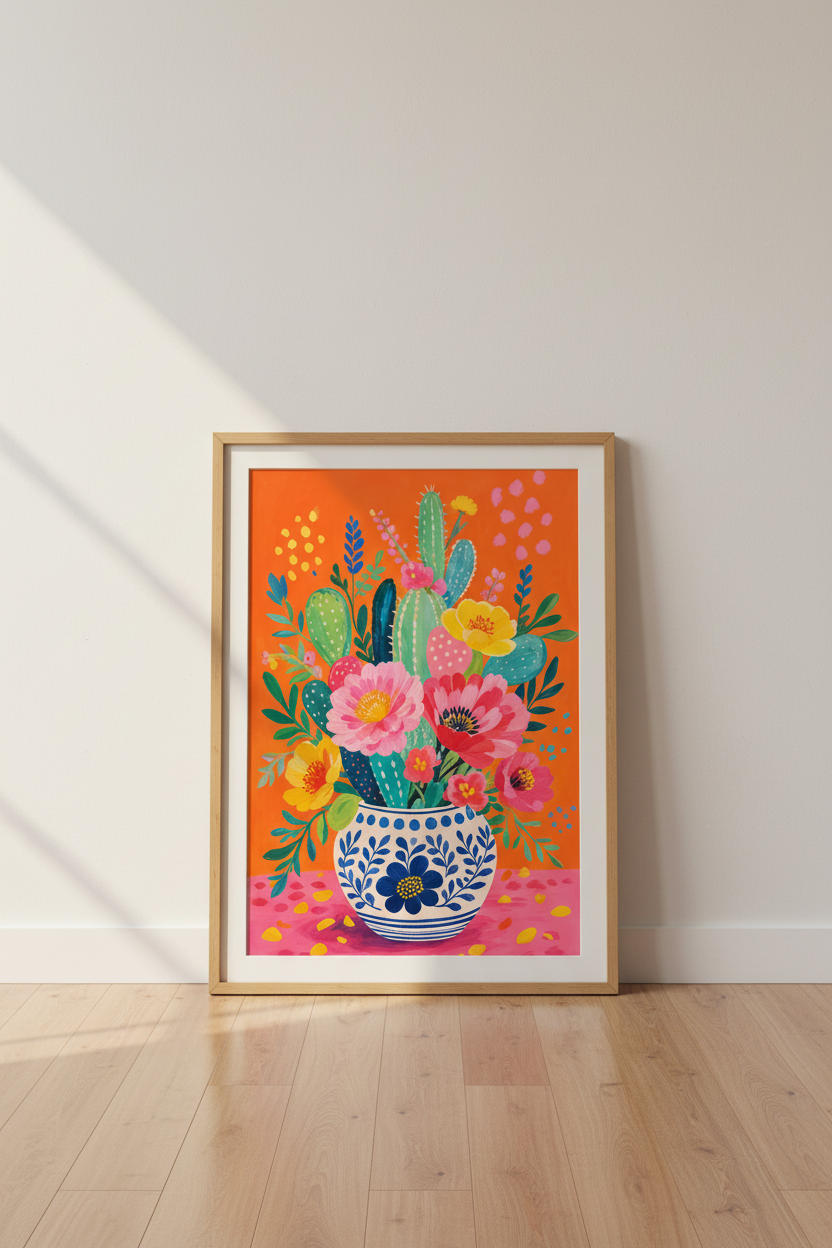 Cactus Flower Bouquet | Vibrant Orange &amp; Blue Still Life, Boho Wall Decor Poster
