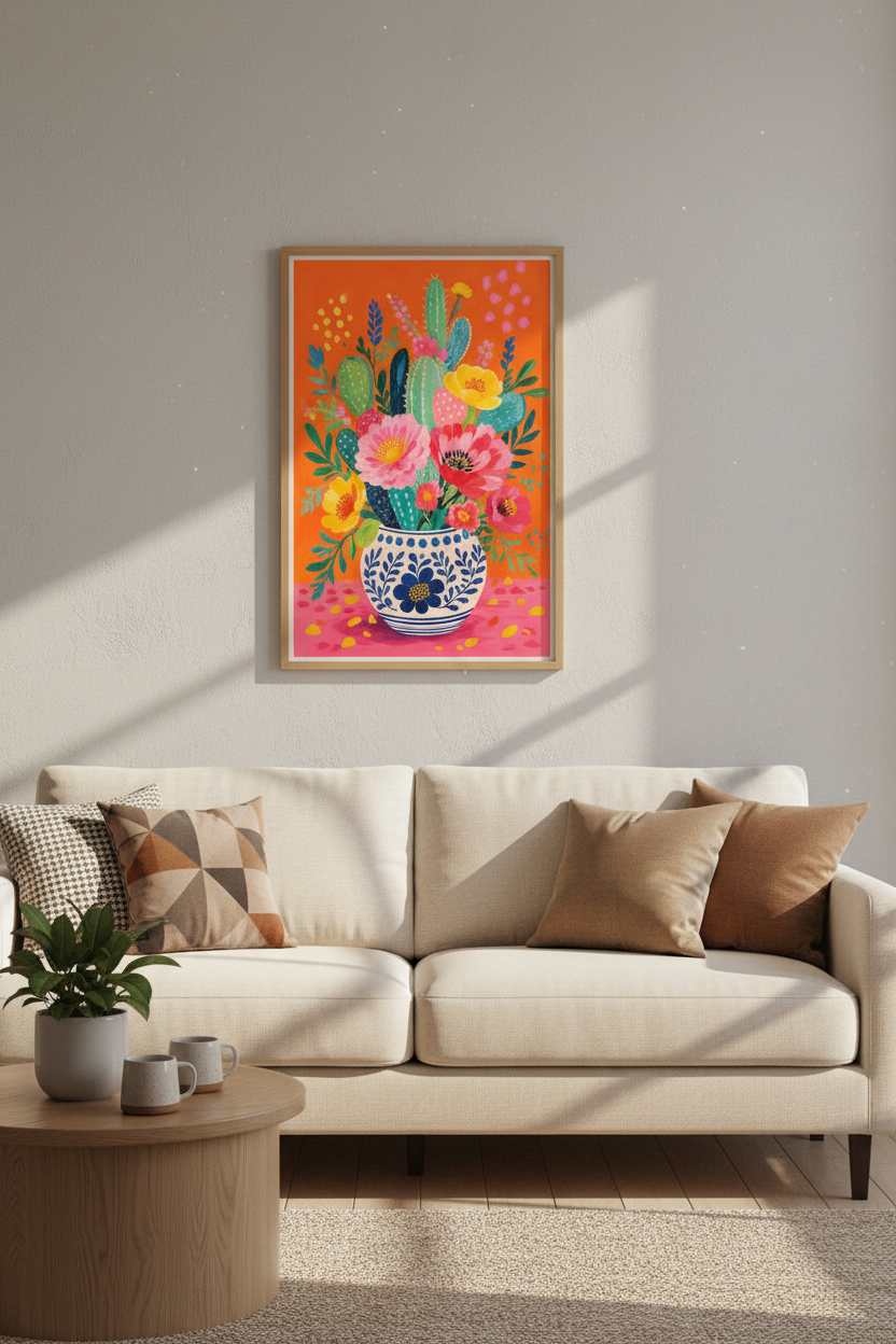 Cactus Flower Bouquet | Vibrant Orange &amp; Blue Still Life, Boho Wall Decor Poster