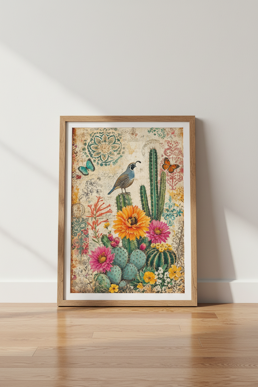 Vintage Desert Quail | Cactus Botanical Illustration, Southwest Boho Wall Art