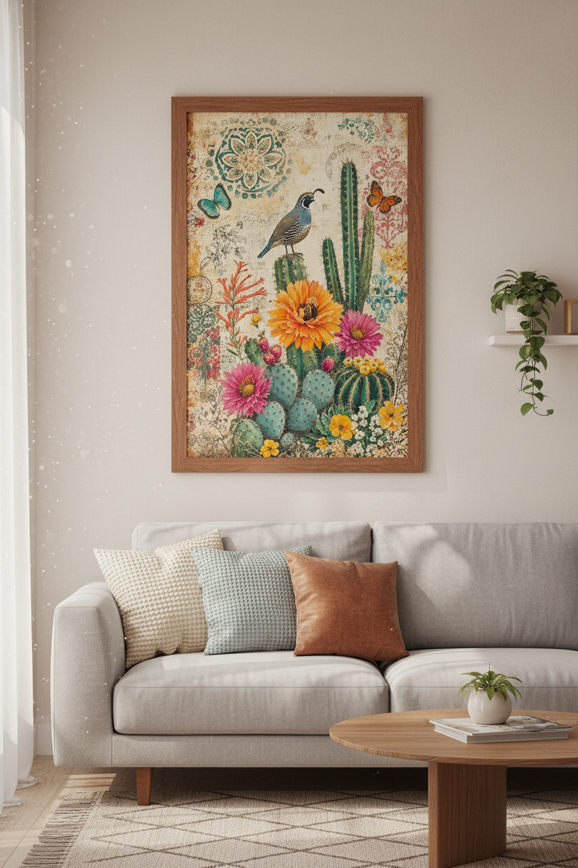 Vintage Desert Quail | Cactus Botanical Illustration, Southwest Boho Wall Art