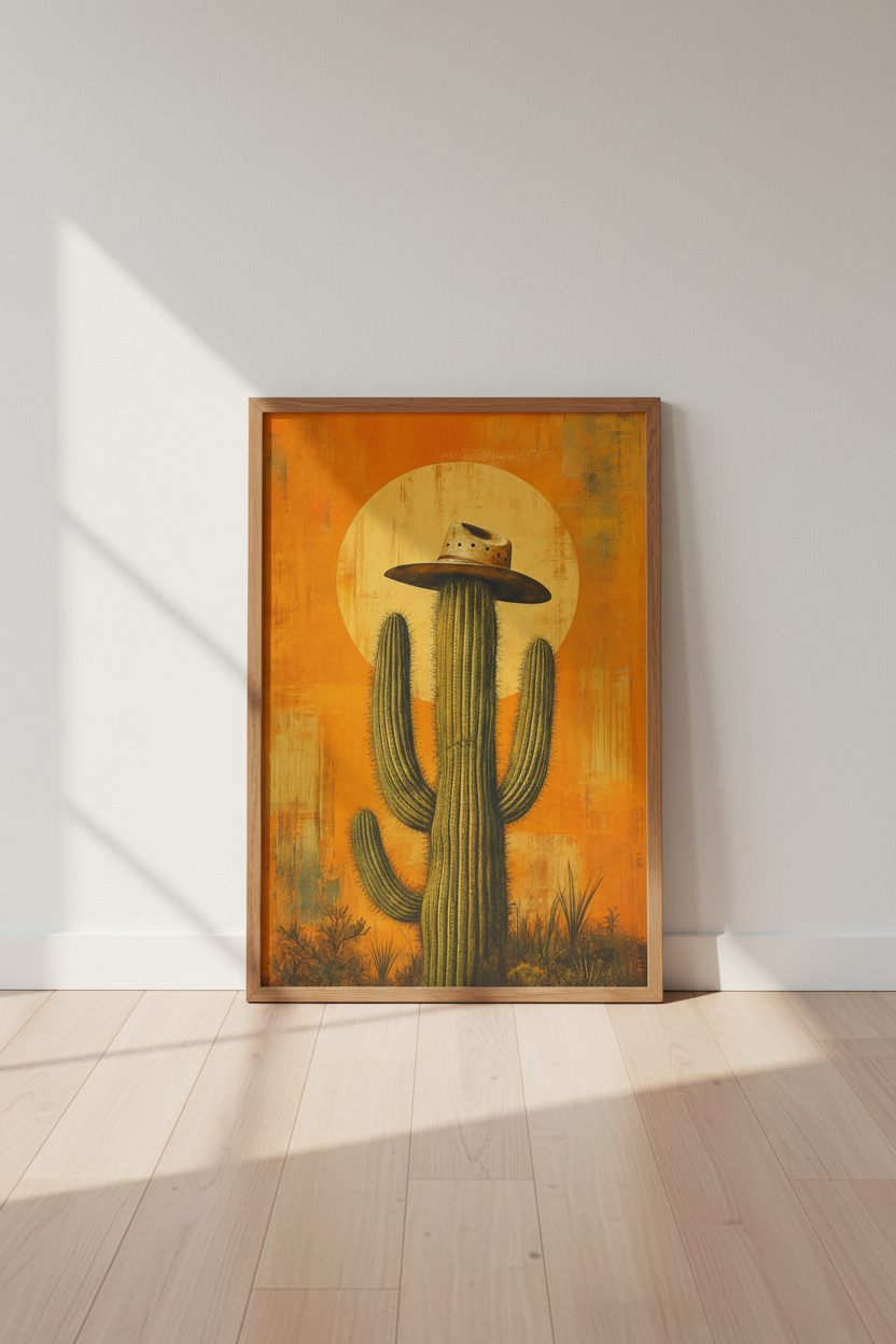 Cowboy Cactus Wall Art | Rustic Orange Desert Poster, Living Room Decor