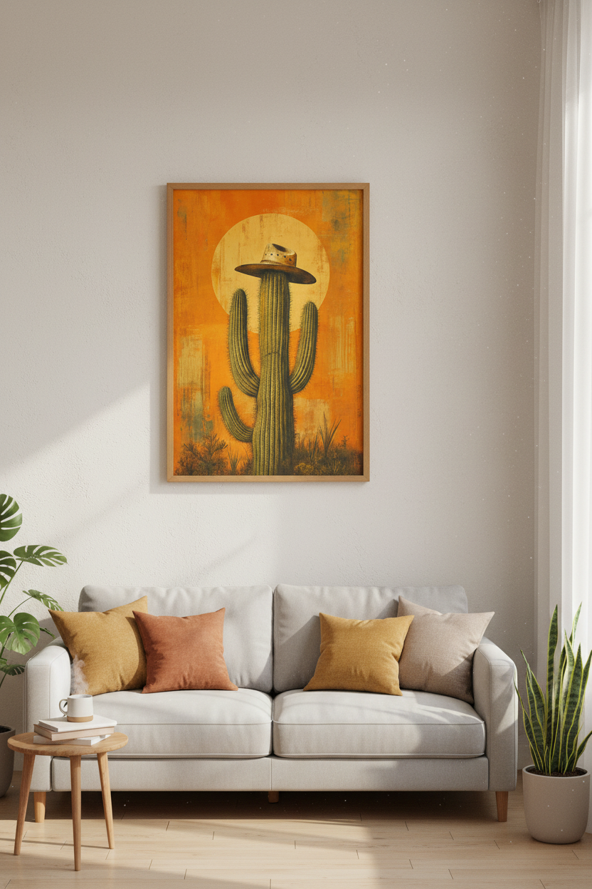 Cowboy Cactus Wall Art | Rustic Orange Desert Poster, Living Room Decor
