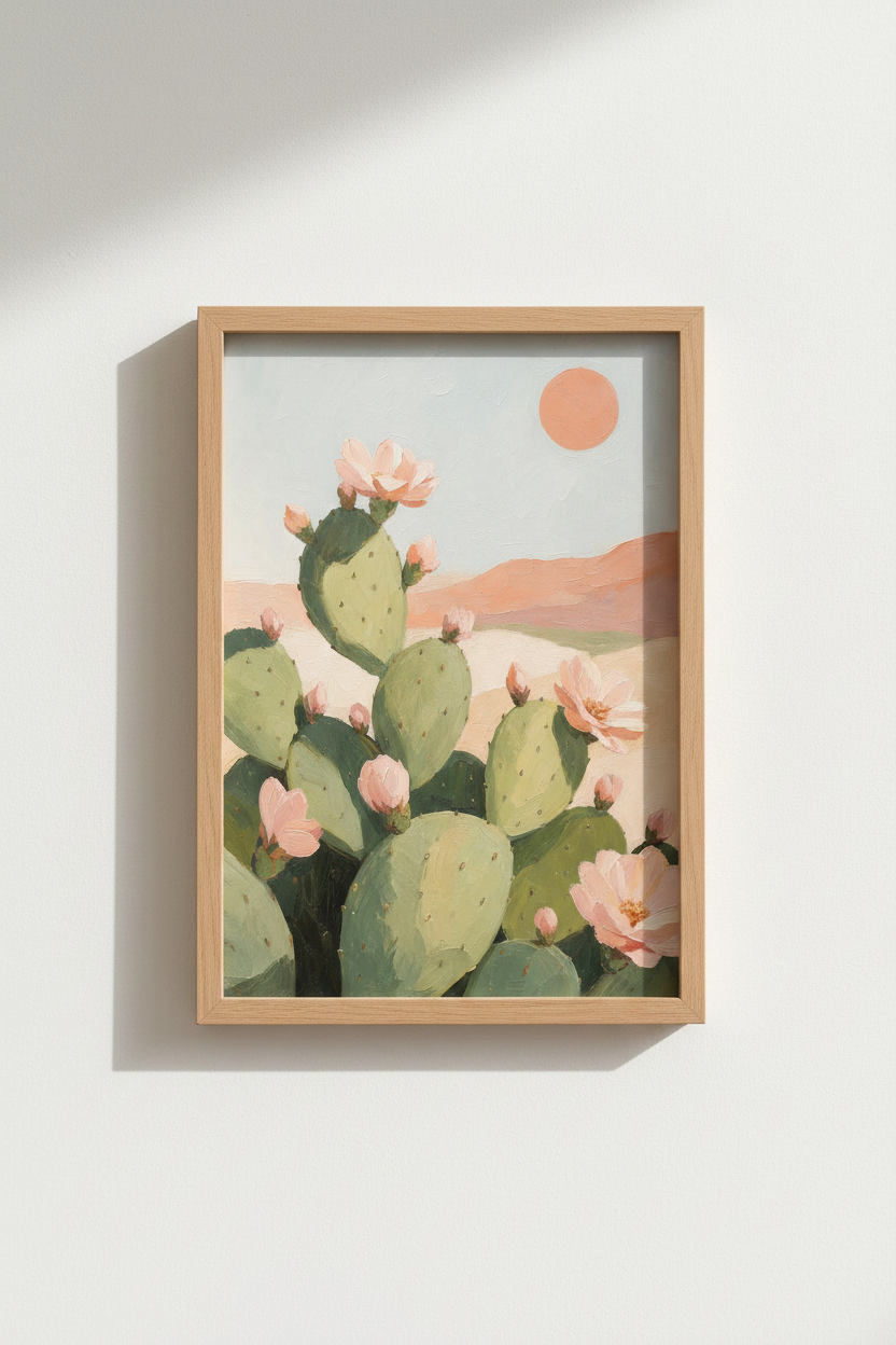 Desert Cactus Wall Art | Southwest Oil Painting Style, Soft Pink Boho Poster