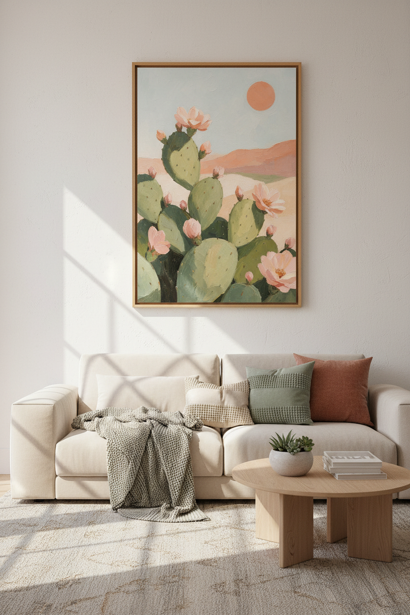 Desert Cactus Wall Art | Southwest Oil Painting Style, Soft Pink Boho Poster