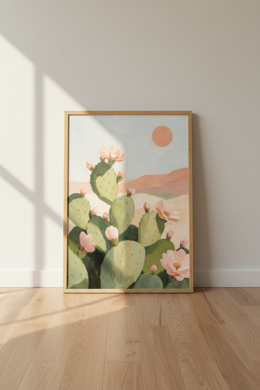 Desert Cactus Wall Art | Southwest Oil Painting Style, Soft Pink Boho Poster