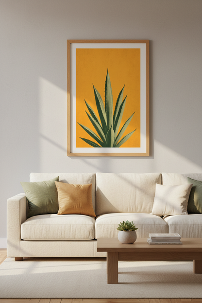 Agave Cactus Botanical Wall Art | Mustard Yellow Desert Poster | Boho Mid-Century Decor