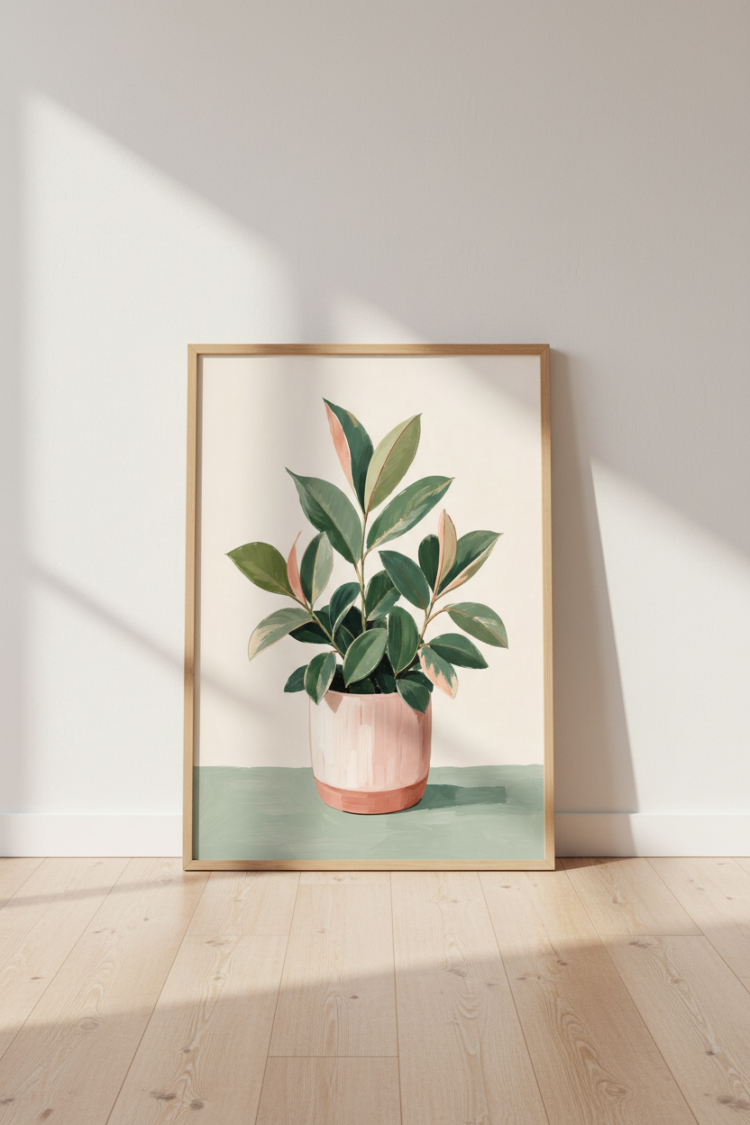 Rubber Plant Wall Art Print | Boho Botanical Decor | Modern Pink Pot Poster