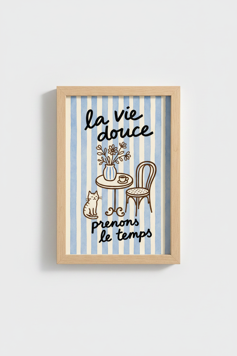 French cafe wall art | Whimsical blue stripes, living room decor
