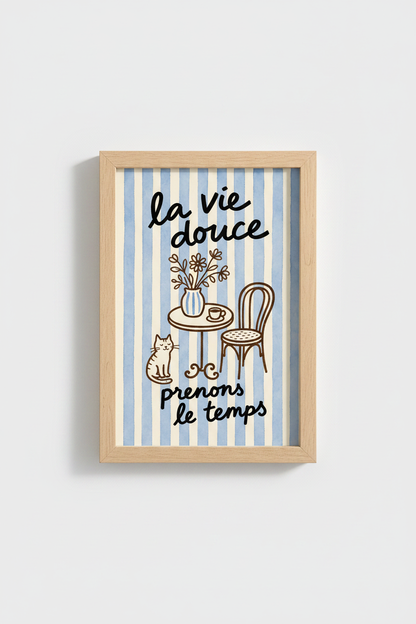 French cafe wall art | Whimsical blue stripes, living room decor