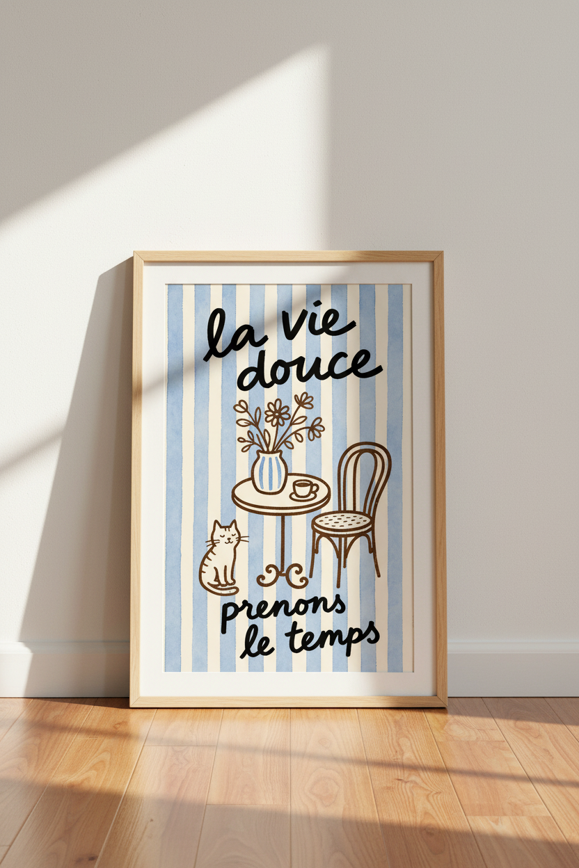 French cafe wall art | Whimsical blue stripes, living room decor