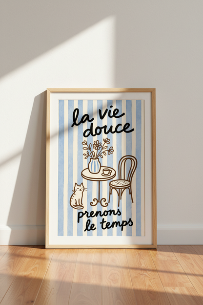 French cafe wall art | Whimsical blue stripes, living room decor