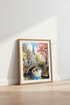 Amsterdam Canal Watercolor Art | Pink Cherry Blossom Print, European Cityscape Decor