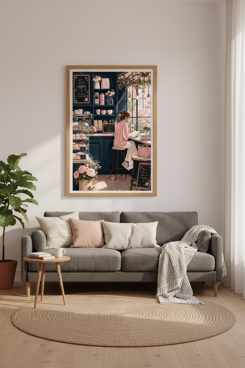 Coffee Shop Girl Wall Art Print | Kitchen Cafe Decor | Aesthetic Pastel Poster