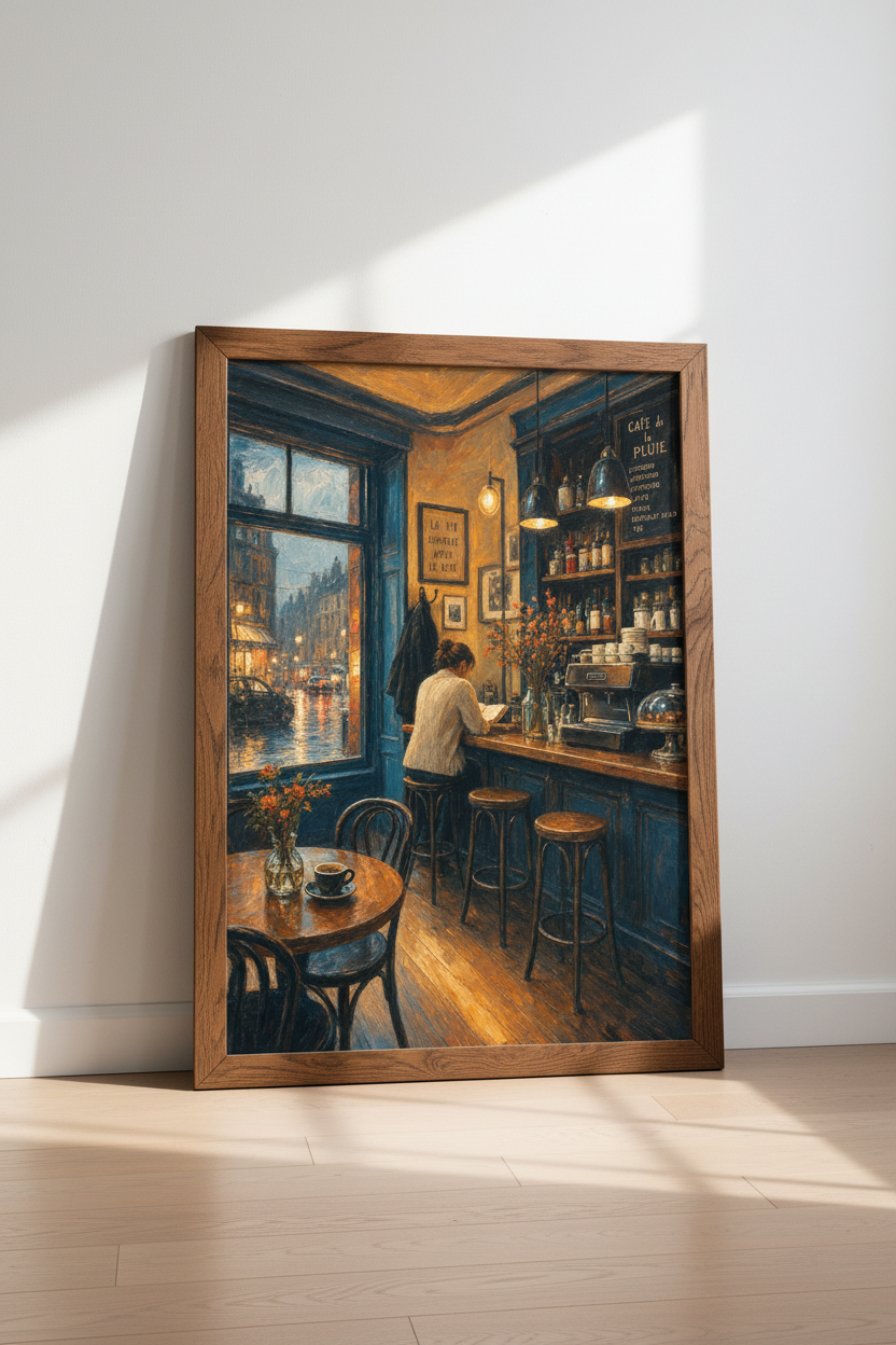 Paris Cafe Wall Art | Moody Impressionist Oil Painting Print | Cozy Kitchen Decor