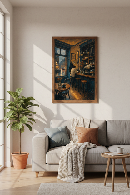 Paris Cafe Wall Art | Moody Impressionist Oil Painting Print | Cozy Kitchen Decor