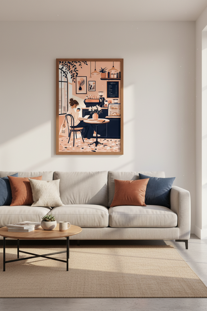 Coffee Shop Girl Wall Art | Peach Boho Cafe Decor | Cozy Reading Poster