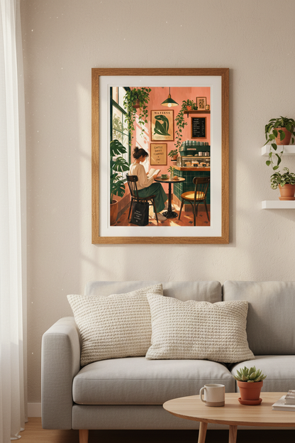 Cozy Cafe Reading Art | Pink Botanical Aesthetic, Book Lover Gift &amp; Kitchen Decor