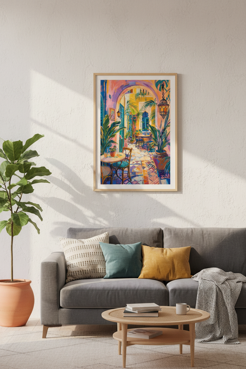 Moroccan Courtyard Art | Vibrant Mediterranean Poster, Bohemian Travel Wall Art