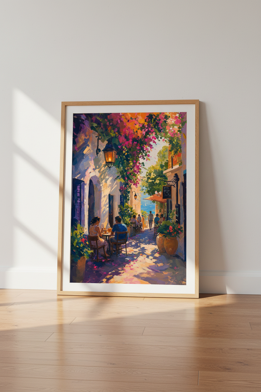 Mediterranean Cafe Terrace Print | Vibrant Coastal Oil Painting, Home Decor Art
