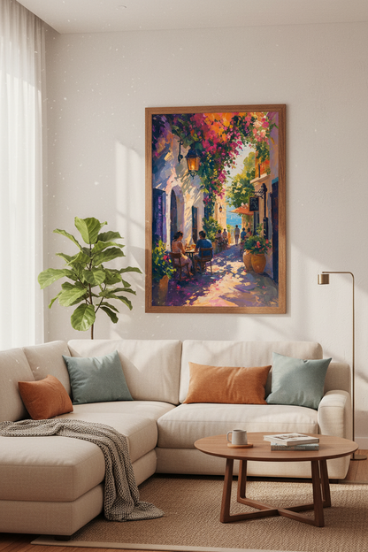 Mediterranean Cafe Terrace Print | Vibrant Coastal Oil Painting, Home Decor Art