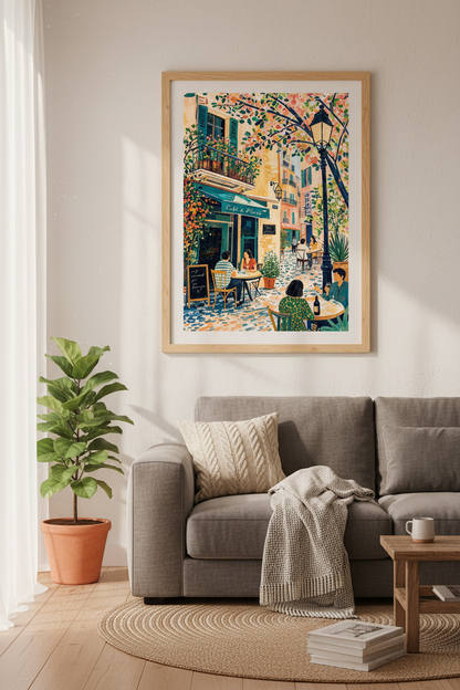 Paris Cafe Wall Art | French Bistro Painting, Colorful Street Poster Print
