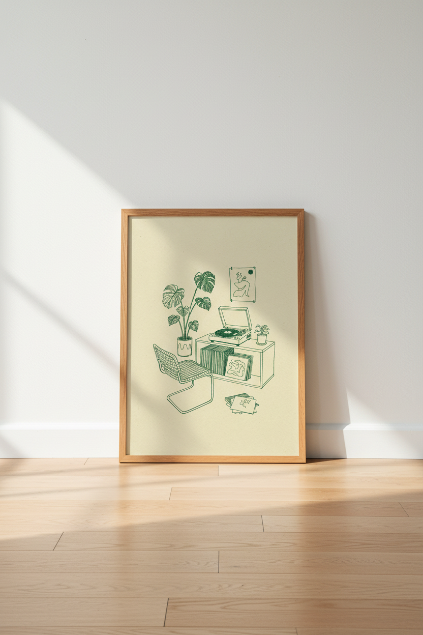 Retro Record Player Line Art | Minimalist Green Vinyl Poster, Music Room Decor
