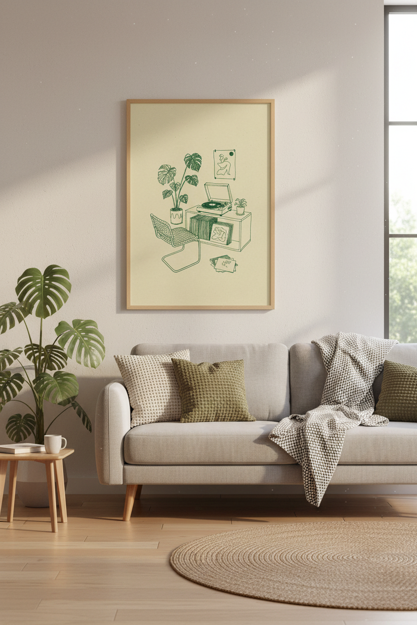 Retro Record Player Line Art | Minimalist Green Vinyl Poster, Music Room Decor