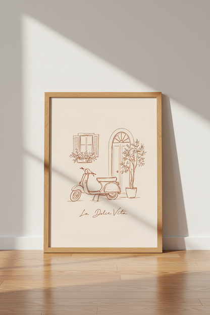 La Dolce Vita Italian Scooter Art | Terracotta Minimalist Poster, Kitchen Wall Decor